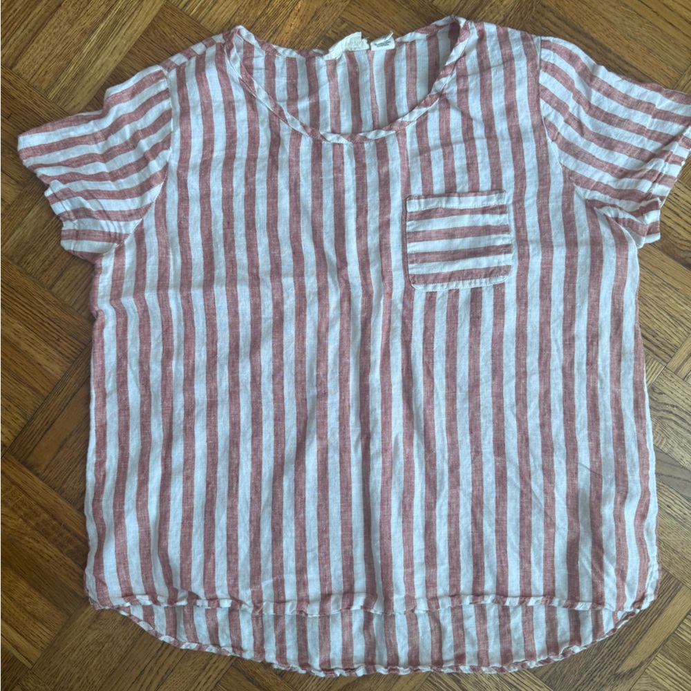 Christian Siriano Striped Linen Tee in Coral & White